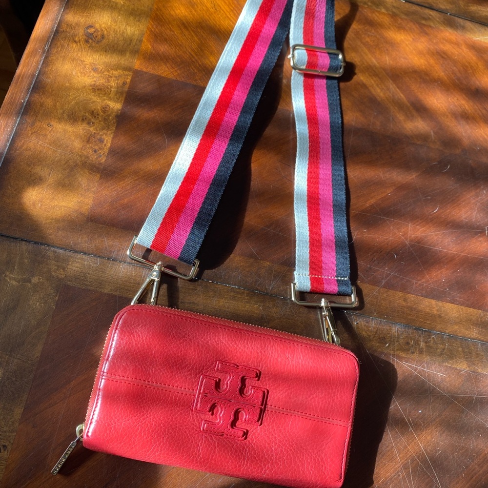 Tory Burch Red Leather Crossbody Wallet with Multicolor Stripe Strap - Picture 2 of 10
